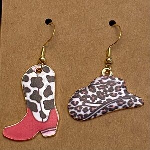 Asymmetrical Cow Print Cowboy Boot and Hat Dangle Earrings